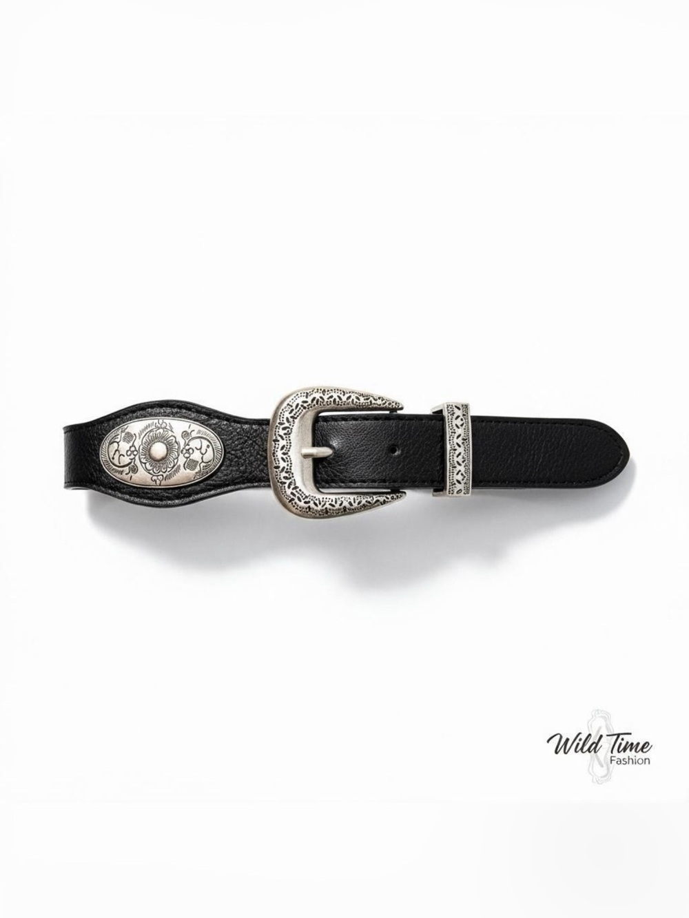 Wildflowers Black Leather Western Belt with Engraved Silver Buckle
